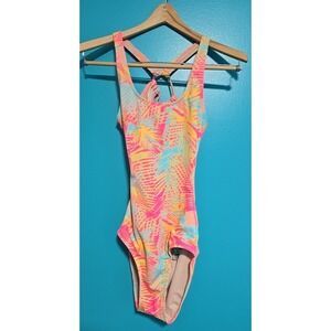 Art Class Ribbed Knit 1 PC Swimsuit Girls Size XL 14 Yellow Orange Pink Tropical